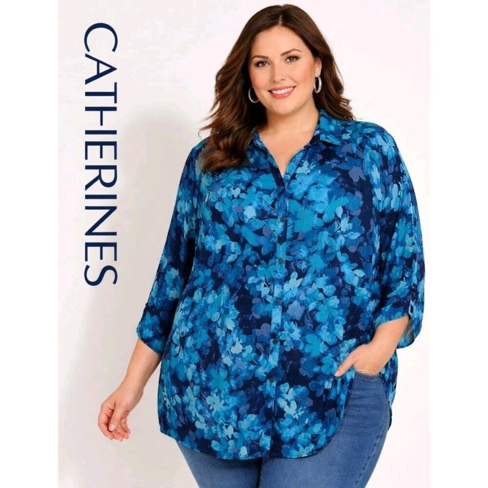CATHERINES Womens 3XWP Floral Spandex Collar Button Up Navy Blue & Green Top